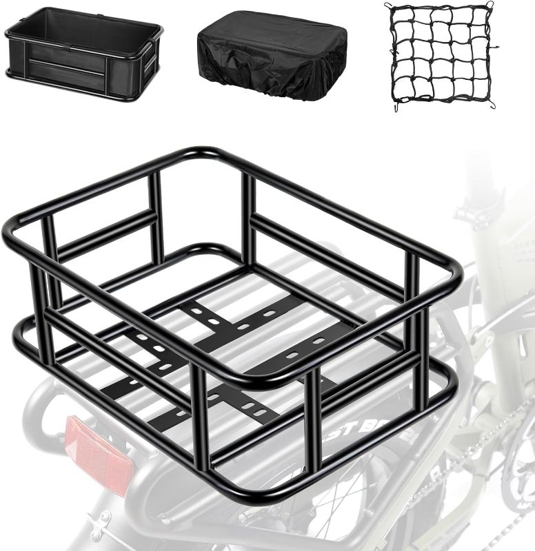 Photo 1 of Bike Basket, Ebike Rear Basket with Liner,Waterproof Cover,Cargo Net Large Rear Removable Metal Bike Basket, Heavy Duty E Bike Rear Basket
