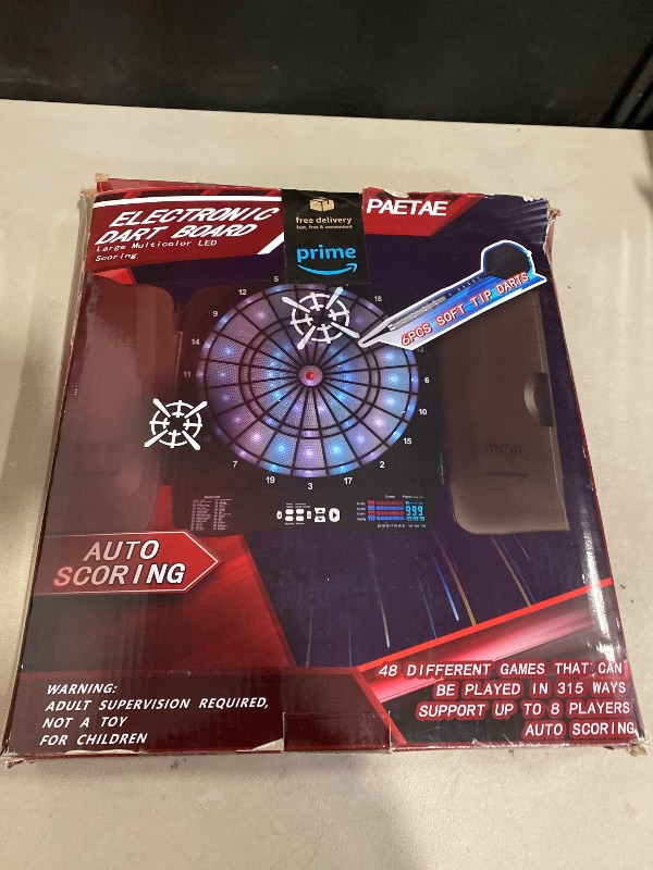 Photo 1 of Electronic Dart Board Cabinet Set, Illuminated Target Dartboard for Adults Kids, 48 Games with 315 Variations Soft Tip Digital Dartboard Cabinets with 6 Darts, 100PCS Soft Tips