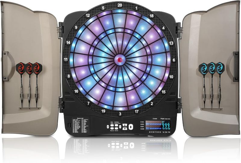 Photo 1 of Electronic Dart Board Cabinet Set, Illuminated Target Dartboard for Adults Kids, 48 Games with 315 Variations Soft Tip Digital Dartboard Cabinets with 6 Darts, 100PCS Soft Tips