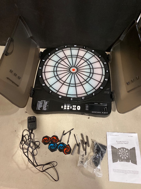 Photo 1 of Electronic Dart Board Cabinet Set, Illuminated Target Dartboard for Adults Kids, 48 Games with 315 Variations Soft Tip Digital Dartboard Cabinets with 6 Darts, 100PCS Soft Tips