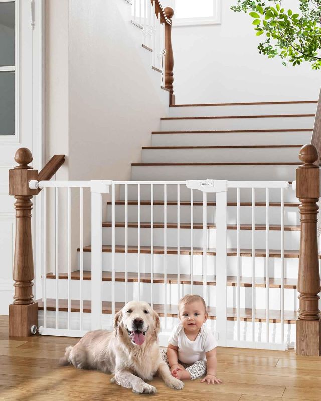 Photo 1 of Cumbor 29.7-54.2" Wide Baby Gate for Stairs, Mom's Choice Awards Winner-Self Closing Dog Gate Indoor for Doorways, No Drilling Pressure Mounted Pet Gates for Kids, Easy Walk Through Safety Gate, White