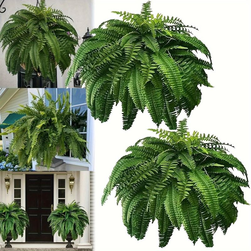 Photo 1 of Large Artificial Boston Fern Plant, Green Plastic Hanging Plant, 24 Inch, Indoor Outdoor Home Garden Decor, 2 Pack