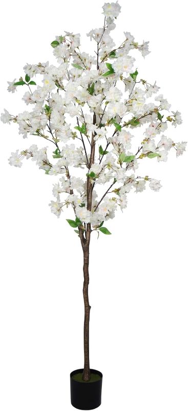 Photo 1 of 6FT Artificial Cherry Blossom Tree, Lifelike White Cherry Plant in Pot for Indoor, Garden, Office, Wedding & Party Decoration