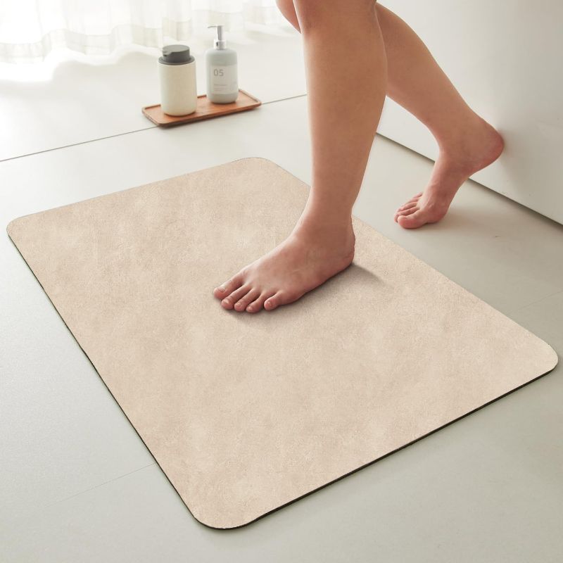 Photo 1 of Bathroom Mat Quick Dry, Bathroom Rugs Non Slip Washable Thin Absorbent Bath Mat Fits Under Door Bathroom Floor Mat Perfect for Bath, Shower, or Sink 24"x36" Beige