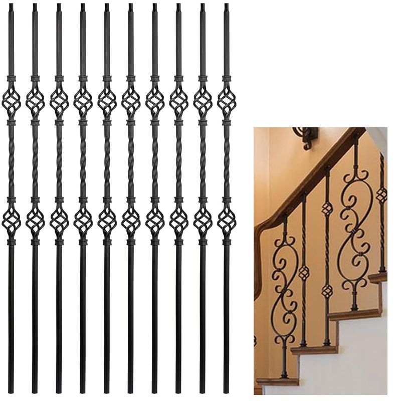 Photo 1 of 10 Pcs Wrought Iron Balusters, Hollow Double Basket Balusters, 1/2" x 44" Hollow Iron Baluster for Staircase Remodel, Matte Black Metal Railing