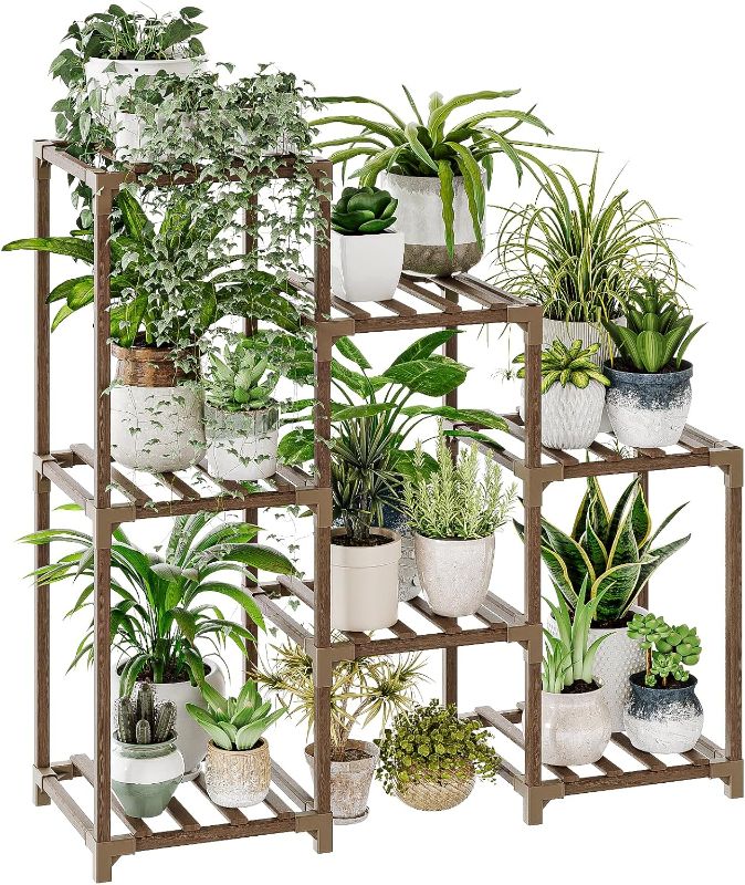 Photo 1 of Bamworld Plant Stand Indoor Plant Shelf Outdoor Wood Plant Rack for Multiple Plants 3 Tiers Ladder Plant Holder for Living Room Patio Boho Home Decor for Gardening