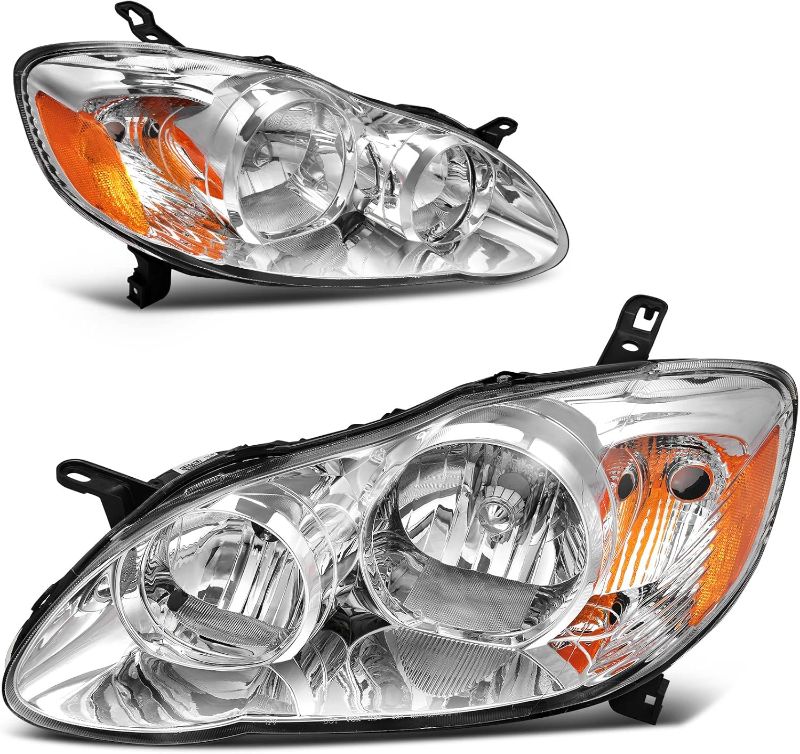 Photo 1 of Headlight Assembly Compatible with 2003-2008 Corolla Headlamp Pair Replacement Chrome Housing Amber Reflector Clear Lens(Driver and Passenger Side)