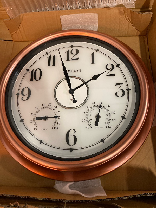 Photo 1 of CLXEAST 18 Inch Illuminated Outdoor Indoor Clocks with Smart Sensor,Modern Farmhouse Lighted Wall Clock with Temperature and Humidity for Patio, Garden Decor,Copper/Rose Gold Finish