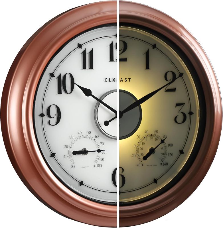 Photo 1 of CLXEAST 18 Inch Illuminated Outdoor Indoor Clocks with Smart Sensor,Modern Farmhouse Lighted Wall Clock with Temperature and Humidity for Patio, Garden Decor,Copper/Rose Gold Finish