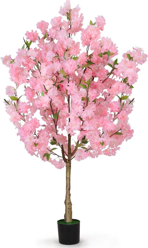 Photo 1 of Artificial Cherry Blossom Tree, Fake Plants Indoor Decor, Faux Pink Sakura Flowers for Living Room Home House Entryway Bedroom Office Inside Decorations, 4FT