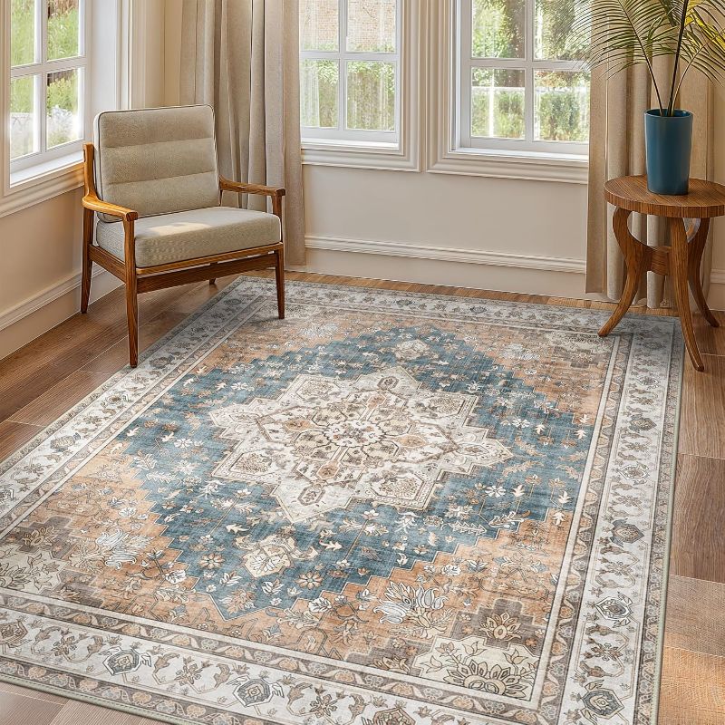 Photo 1 of GENIMO 5x8 Area Rugs for Living Room, Machine Washable Low Pile Rugs, Chenille Non Alip Vintage Rug for Bedroom, Dining Room, Home Office, Blue Brown
