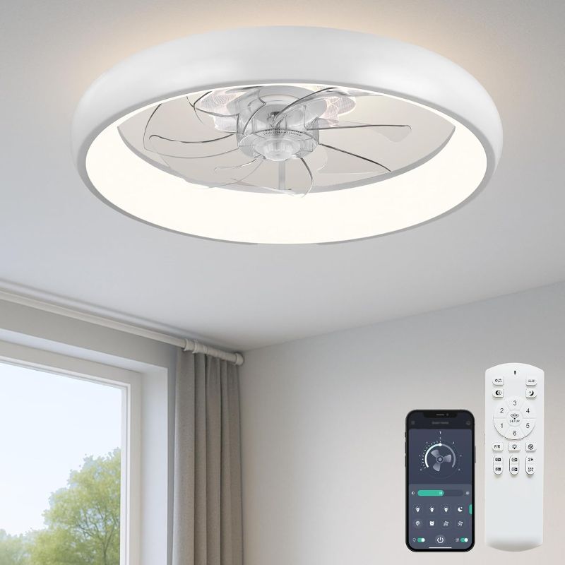 Photo 1 of 20'' Ceiling Fan with Light, Upgraded Low Profile Fan, Flush Mount Ceiling Fan, 6 Speeds, Dimmable LED, App & Remote Control, Quiet DC Motor, for Bedroom, Living Room, F109 White