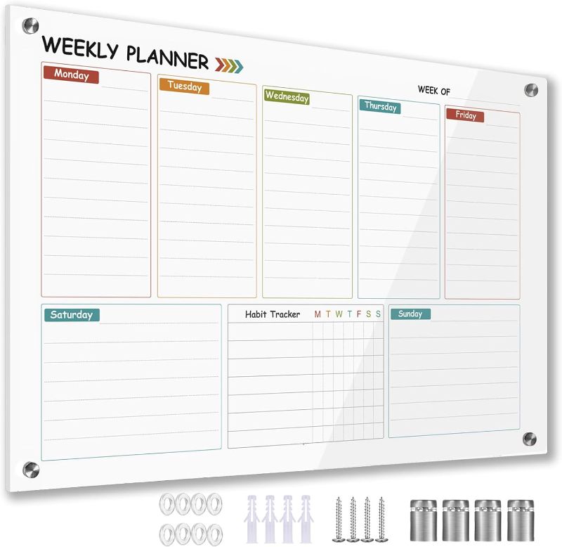 Photo 1 of Glass Colorful Weekly Dry Erase Calendar Whiteboard for Wall,24"x 36",Frameless Mounting,Office/School/Home, Frameless Large Planner White Board