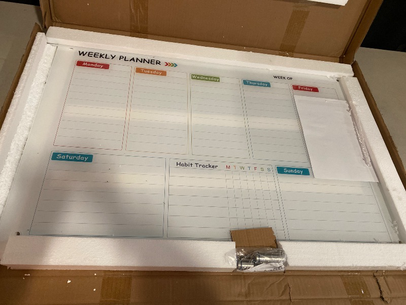 Photo 1 of Glass Colorful Weekly Dry Erase Calendar Whiteboard for Wall,24"x 36",Frameless Mounting,Office/School/Home, Frameless Large Planner White Board