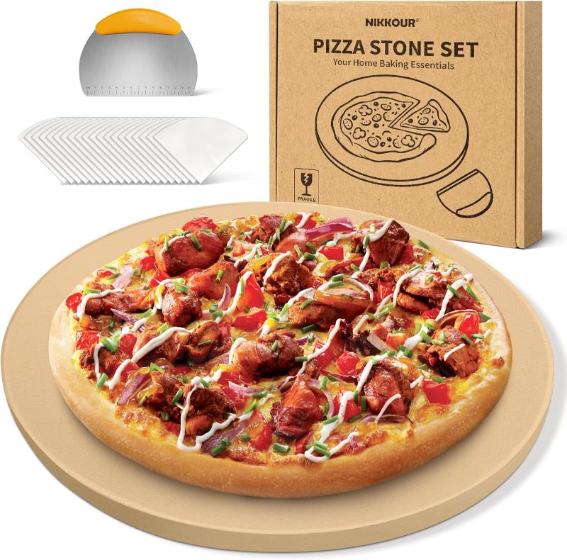 Photo 1 of 16 Inch Round Pizza Stone for Oven - Cordierite Baking Stone for Pizza, Cookies & Bread, Even Heating, Thermal Shock Resistant, Grill Pizza Stone with Stainless Steel Cutter & 20 PCS Parchment Papers