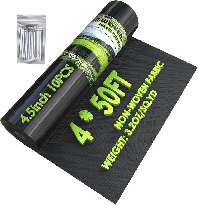 Photo 1 of 5 OZ Non Woven Geotextile Landscape Fabric, Weed Barrier Landscape Fabric for Landscaping, French Drains, Underlayment, Erosion Control, Construction Projects, 4x50FT Black