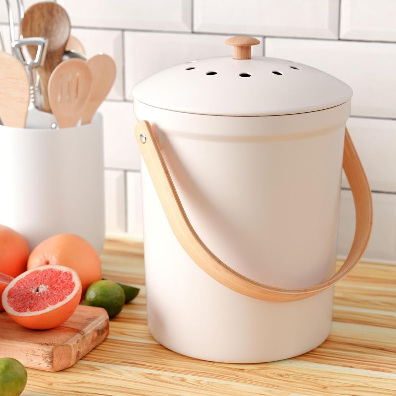 Photo 1 of Beautiful Kitchen Compost Bin with Smell Proof Lid - Rust Proof and Odorless Compost Bucket for Your Countertop with No Smell Filters - Easy to Clean 1.1 Gallon Bin Looks Great On Any Kitchen Counter