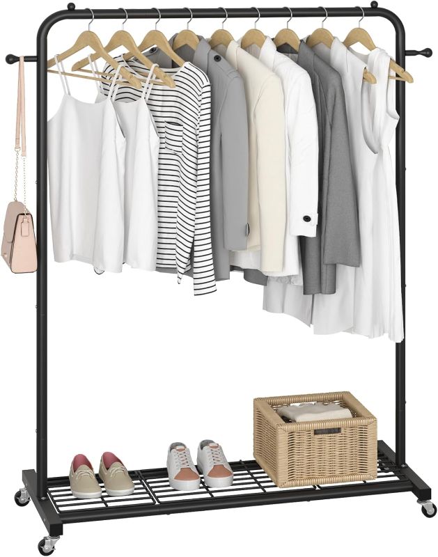 Photo 1 of Clothing Rack on Wheels with Mesh Storage Shelf & Sturdy Metal Frame, Rolling Garment Rack for Hanging Clothes, Coats, Skirts, 39.76" L x 16" W x 64.56" H,Black