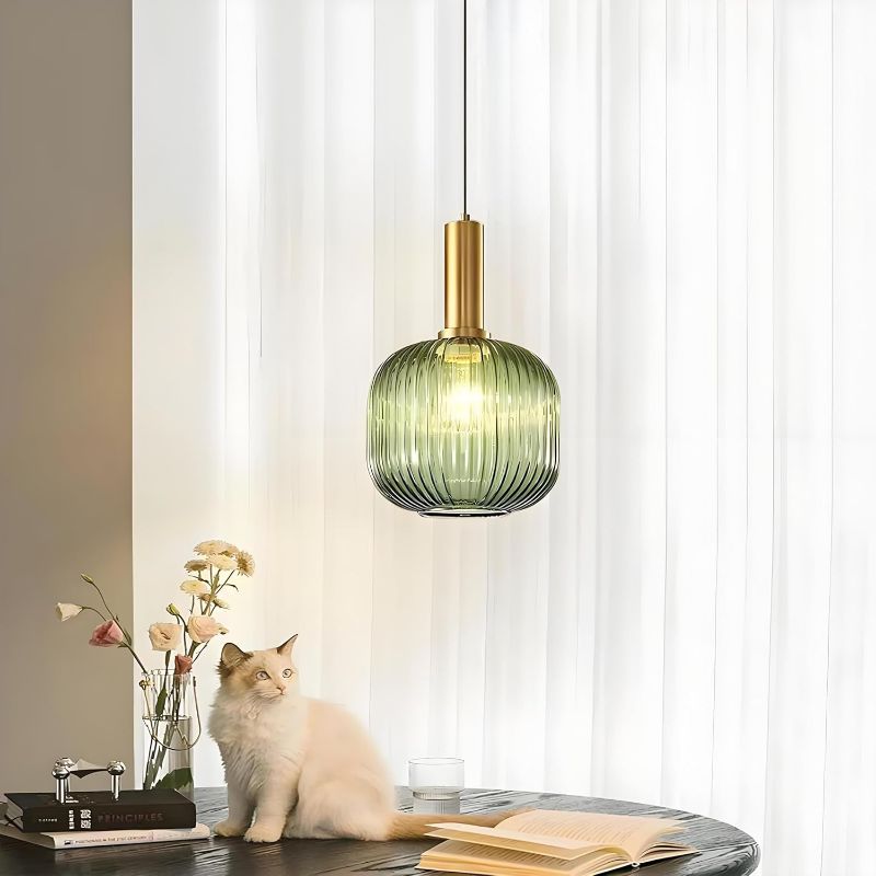 Photo 1 of Green Glass Pendant Light with Plug in Cord Mid Century Modern Gold Pendant Lamp Plug in Hanging Lamp for Bedroom Living Room Kitchen