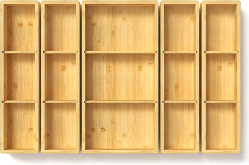 Photo 1 of 5 pieces Bamboo Drawer Organizer, Adjustable 3 Individual Junk Drawer organizer for Bathroom and Kitchen, Wood Drawer Organier Boxes for Jewellery, Make up and Tea Bag