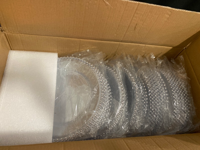 Photo 1 of 50 Pack Clear Charger Plates Bulk 13 Inch Plastic Round Dinner Chargers with Beaded Rim, Acrylic Decorative Service Plates for Wedding Party Event, Home and Tabletop Decor (Silver)