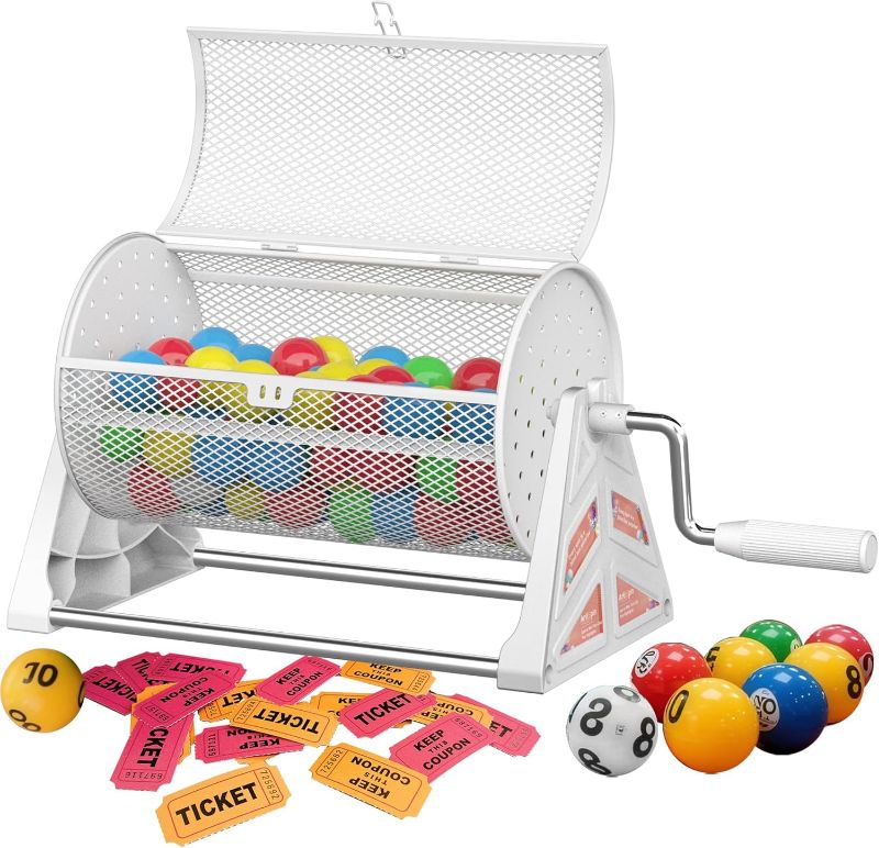 Photo 1 of Raffle Drum, 12 * 7-Inch Raffle Ticket Spinner Drum with Detachable Tripod Base, Durable Portable Ticket/Ball Spinning Drum for Games, Events, and Parties (White)