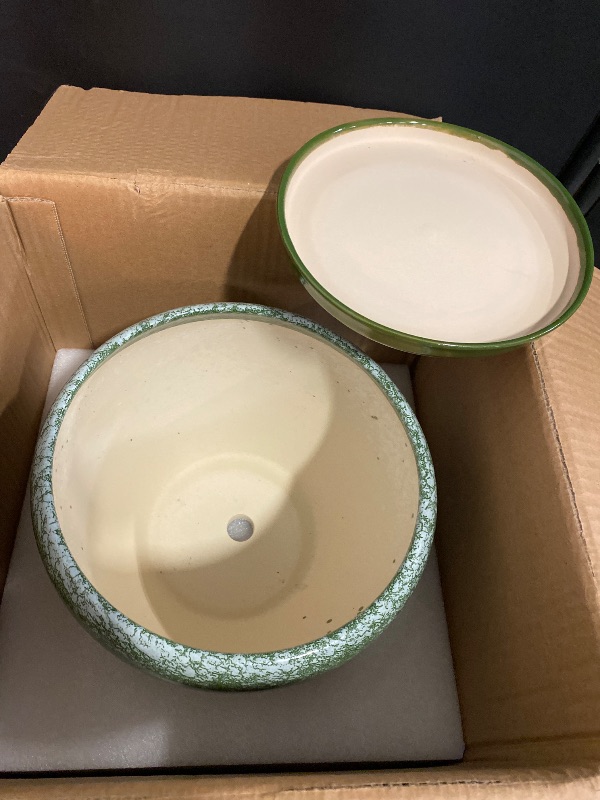 Photo 1 of 10 Inch Planter Pot - Ceramic Pots for Plants with Drainage Hole and Saucer, Round Large Flower Pot for Indoor Plants, Dark Green