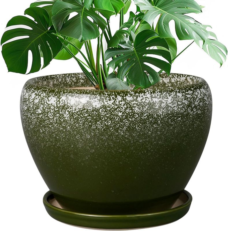 Photo 1 of 10 Inch Planter Pot - Ceramic Pots for Plants with Drainage Hole and Saucer, Round Large Flower Pot for Indoor Plants, Dark Green