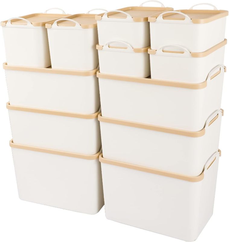 Photo 1 of 12PCS Plastic Storage Bins Containers with Lids, Large White Storage Organization Bins Boxes, Lidded Plastic Storage Baskets for Closet Shelves Drawers Desktop Home Office