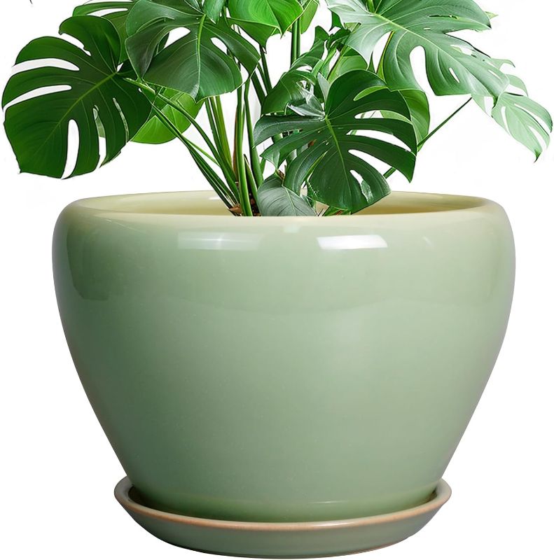 Photo 1 of Ceramic Planter Pot - 10 Inch Plant Pot for Indoor Plants Decorative Planter with Drainage Hole and Saucer Large Pot for Plants Outdoor Round Flower Pot for Garden Green