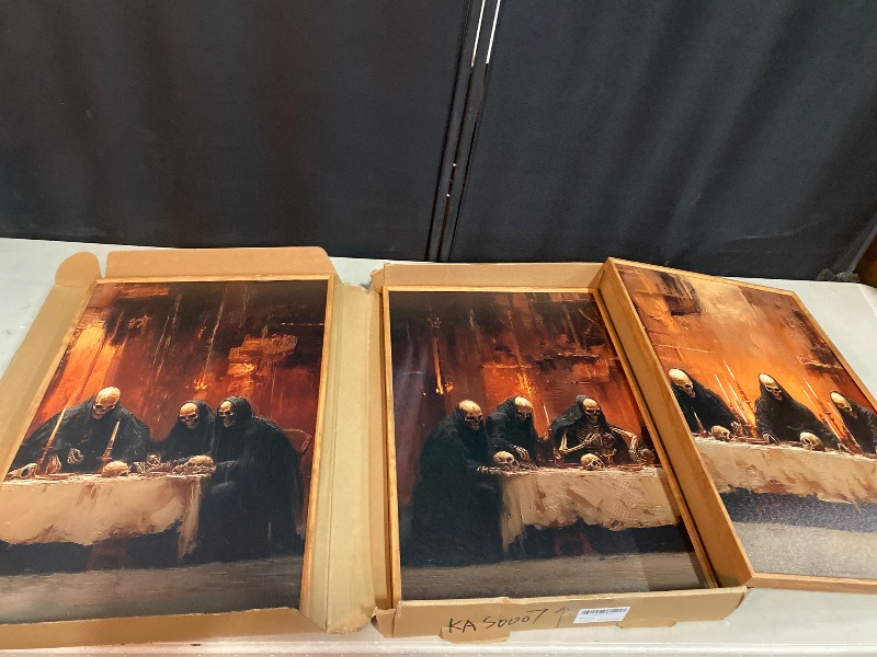 Photo 1 of Halloween Gothic Skull Wall Art Set of 3, Spooky Skeleton Wall Decor and Horror Floral Prints, Dark Moody Canvas for Living Room, Bedroom, Goth Party Home Decor 24x36 inch