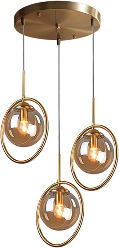 Photo 1 of Industrial Vintage 3-Lights Pendant Lighting Fixture Brass Metal Ring with Glass Globe Lamp Shade Retro Ceiling Hanging Lamp Dining Room Kitchen Island Chandelier (Amber)