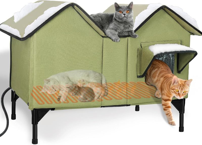 Photo 1 of Extra Large Heated Cat House for Outside, Elevated Waterproof Outdoor Cat House Weatherproof for Winter, Insulated Outdoor Cat Shelter with Escape Doors and Heating Pad for Multiple Cats, Green