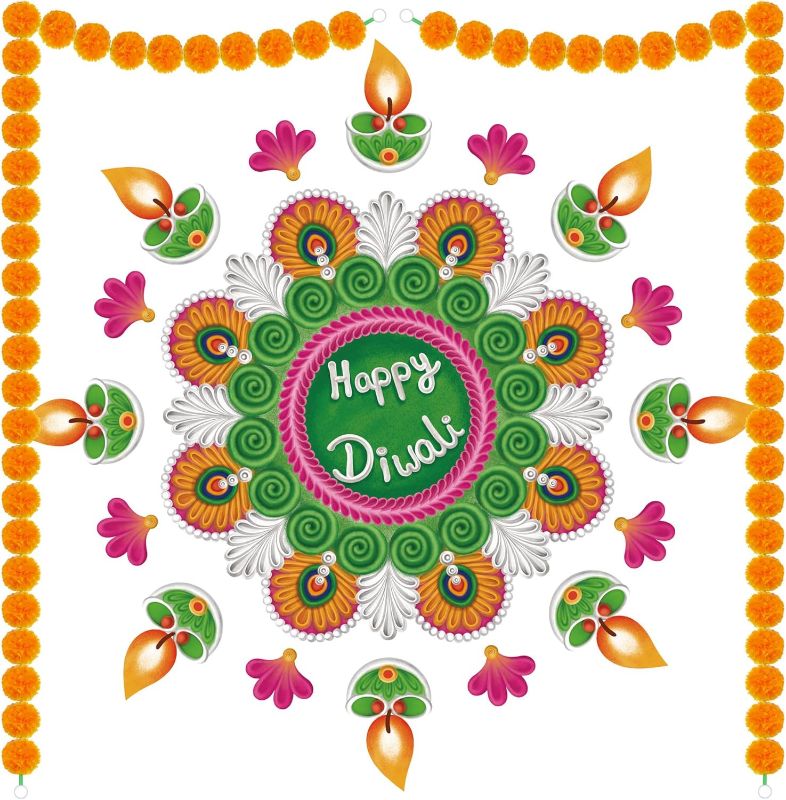 Photo 1 of Funnlot Diwali Decorations for Home,Rangoli Stickers Happy Diwali Stickers with Marigold Flowers for Indian Festivals Rangoli Floor Decals Decorations and Gifts