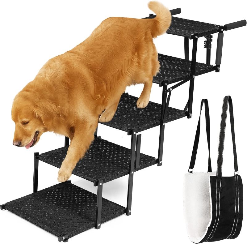 Photo 1 of Dog Stairs for Large Dogs to Get in Car - 5 Step Foldable Pet Ladder Holds 200lbs - Includes XL Lift Harness - Non-Slip, Joint-Friendly Steps for SUVs, Trucks, Vehicle Entry
