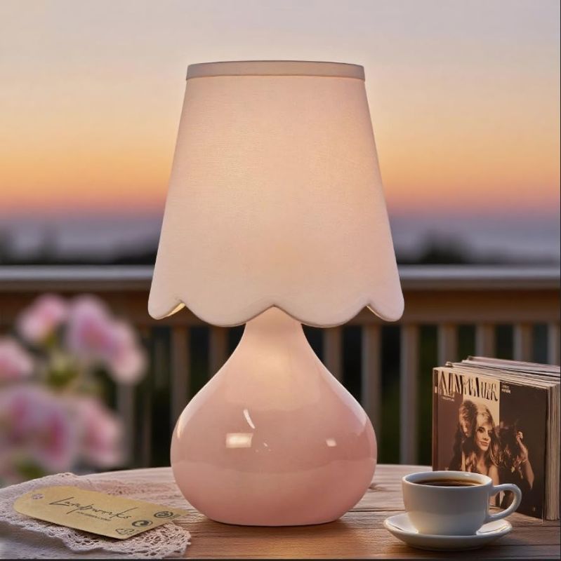 Photo 1 of 14''H Cordless LED Table Lamp with Dimmer, Ceramic Bedside Table Lamp, Rechargeable & 3-Level Brightness, Ceramic Base, Detachable Bulb, Linen Shade, Desk lamp for Cozy Teens Room Decor (Pink)