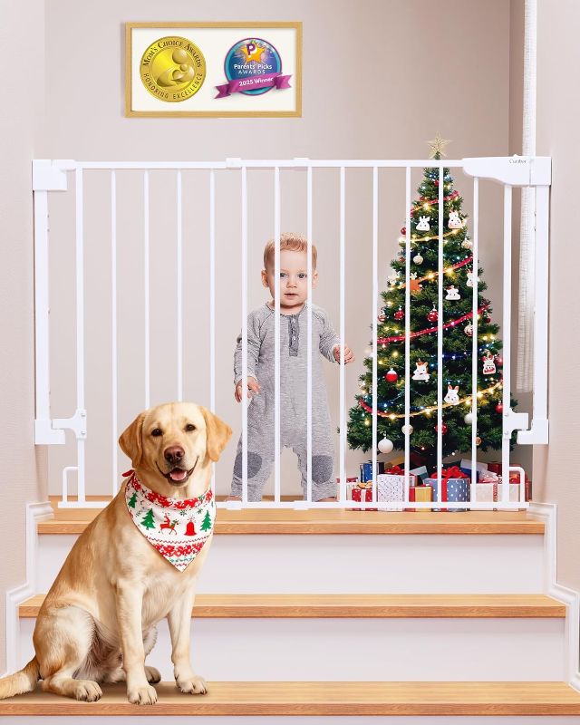Photo 1 of Cumbor 29.2–43" Baby Gate for Stairs, Wall-Mounted (Drill Required), Expandable No Bottom Bar Dog Gate, Auto Close Extra Wide Walk Thru, Pet & Toddler Proof Gate, Top & Bottom of Stairways (White)