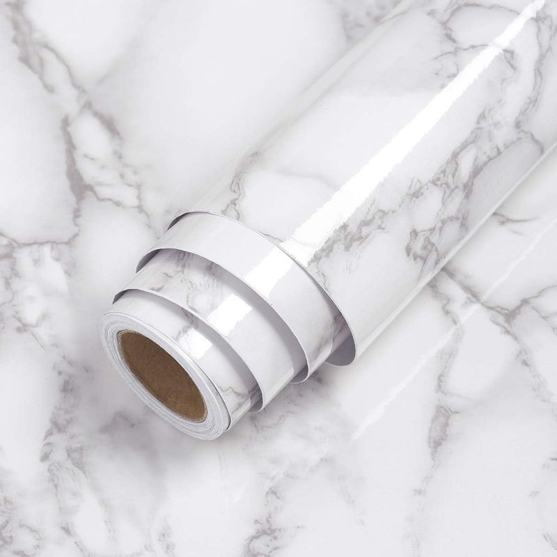 Photo 1 of LACHEERY 23.6"x157" Faux Marble Countertop Peel and Stick Waterproof Grey White Marble Peel and Stick Wallpaper Removable Glossy Vinyl Paper for Countertop Kitchen Cabinets Table Covers