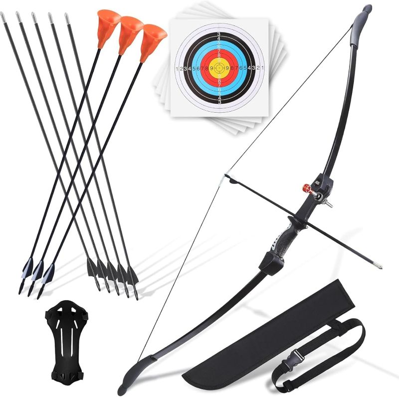 Photo 1 of CrazyMouse Bow and Arrow for Teens Beginners Adults Recurve Bow Set 8 Arrows 5 Target Face Archery Longbow Kit Backyard Games Gift for Outdoor Sports