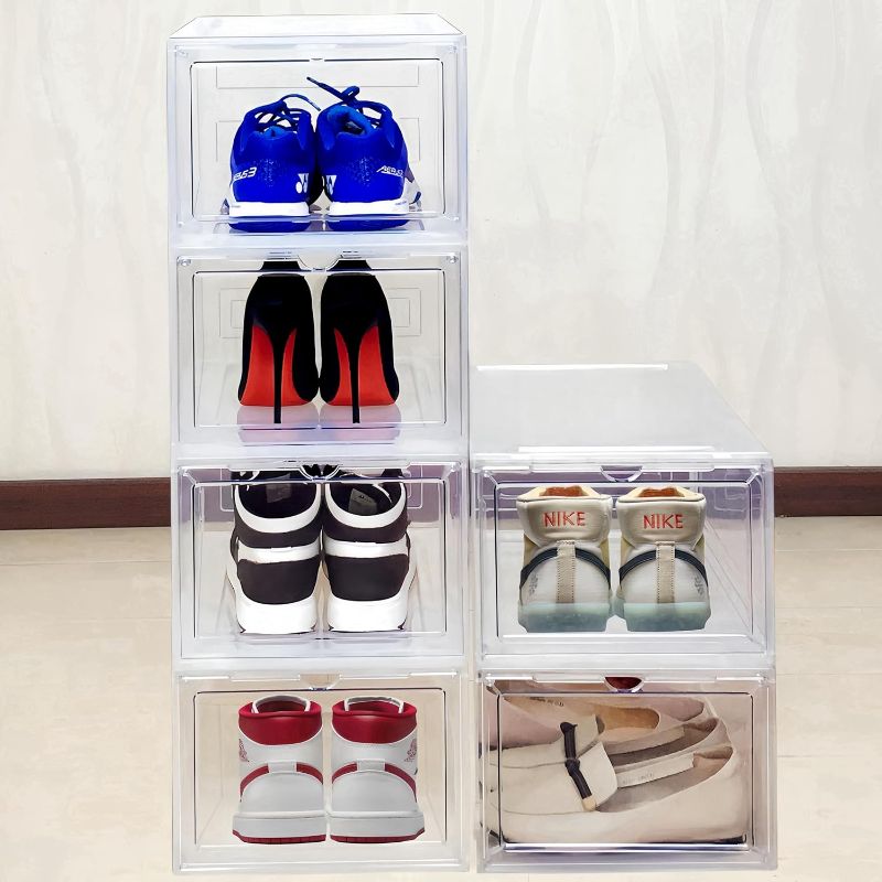 Photo 1 of 6 Pack Shoe Organizer for Closet, Shoe Storage Container with Lids, Shoe Box Clear Plastic Stackable, Thick Hard Polypropylene, Drop Front Door