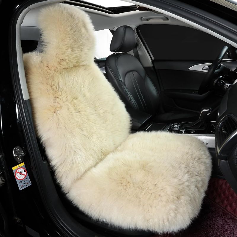 Photo 1 of Fluffy Sheepskin Car Seat Cover-Fuzzy Fur Auto Cushion for Universal Automotive Protector (Linen Color, 1 Pcs Front Seat Cover)