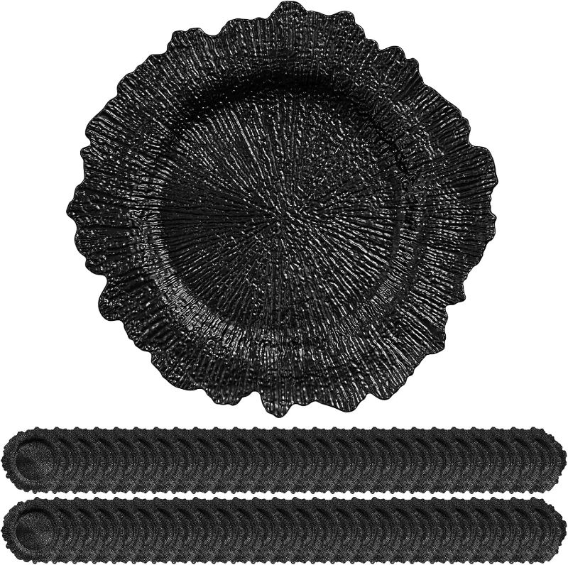 Photo 1 of 50 Pack Black Charger Plates Bulk, 13" Plastic Reef Chargers for Dinner Plates, Round Charger Plate with Floral Reef Design for Dinner Wedding Party Table Setting Decoration