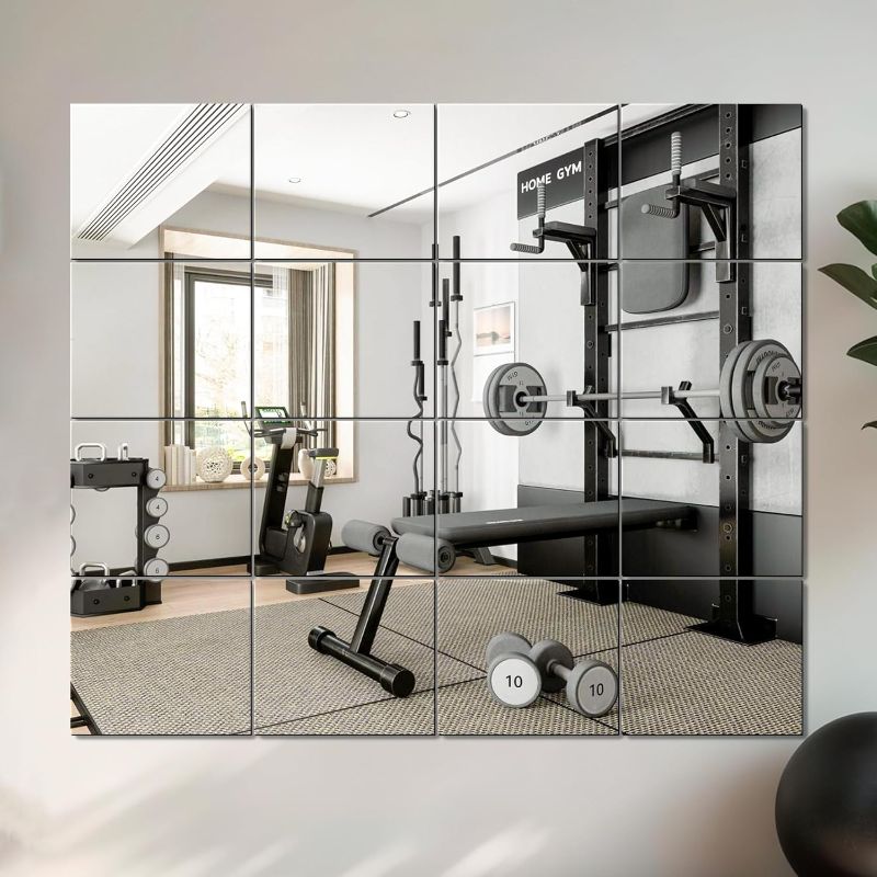 Photo 1 of FICTOR Home Gym Mirror Tiles, 14"x12"x16PCS Workout Mirrors for Wall, Full Length Frameless Glass Mirror Squares for Garage, Dance, Yoga, Bedroom, Living Room