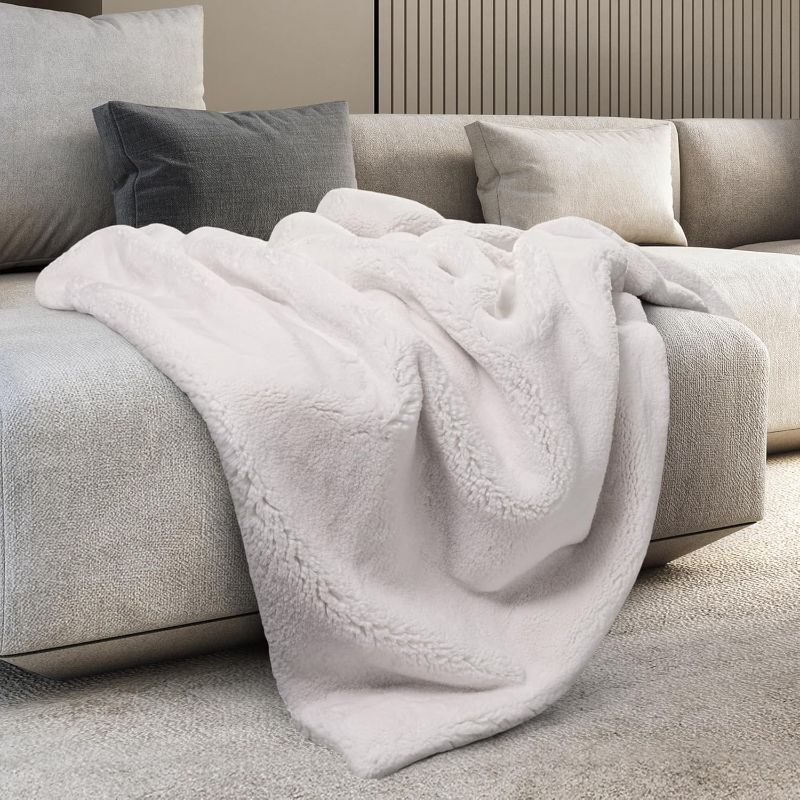 Photo 1 of Mon Chateau 60" x 70" Embrace Foldover Faux Fur Throw, Plush Throw with 6cm Foldover for Couch, Sofa, or Bed, Ultra Soft Blanket for Sleeping or Home Decor, Moonlit Cream