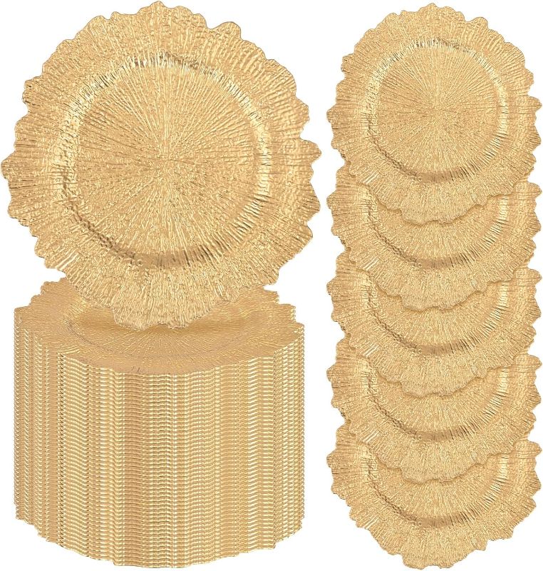 Photo 1 of 100 Pcs Gold Charger Plates Bulk, 13 Inch Reef Wedding Chargers for Dinner Plate, Round Plastic Reusable Ruffled Rim Decorative for Table Setting, Parties, Wedding, Events