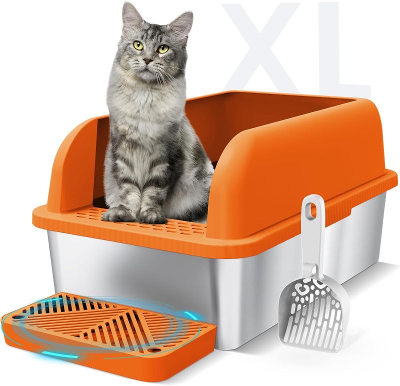 Photo 1 of Enclosed Stainless Steel Litter Box with Lid Extra Large Litter Cat Box for Big Cats XL Metal Litter Pan Tray with High Sides Enclosure, Anti-Leakage, Easy Cleaning (Orange)