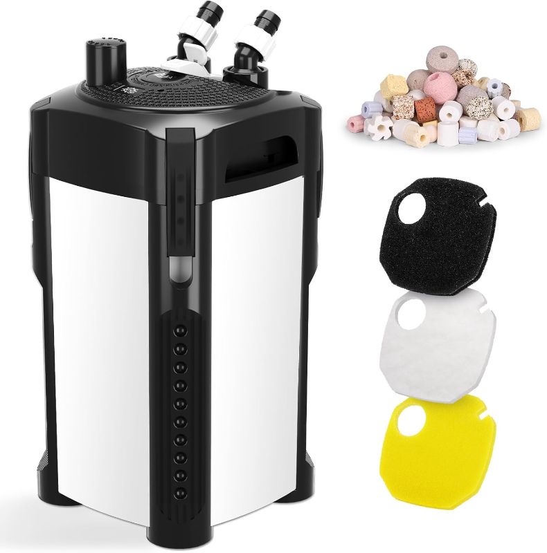 Photo 1 of AQQA 475GPH Canister Filter, Ultra-Quiet External Aquarium Canister Filters, 3 Stage Filtration Aquarium Filter with Quartz Balls and Filter Cotton for Fish Tanks and Aquariums Up to 100 Gallon 25W