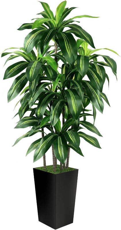 Photo 1 of Artificial Dracaena Tree Indoor, 5FT Tall Fake Tree with Black Tall Planter, Artificial Trees Fake Yucca Potted Tree for Home Office Living Room Decor, Tall Artificial Plant for Housewarming