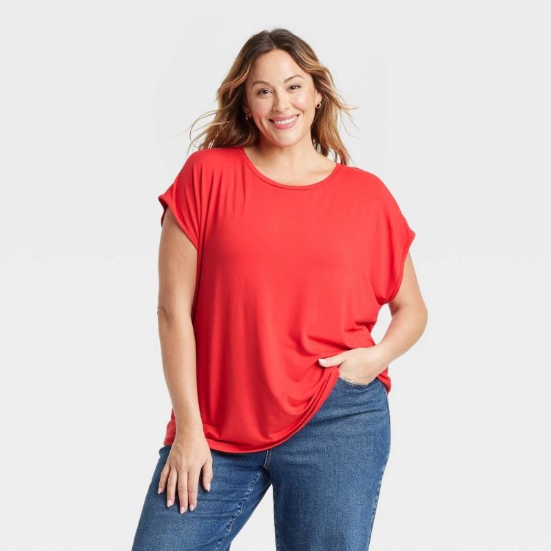 Photo 1 of 2X 20/22 Women's Short Sleeve T-Shirt - Ava & Viv™ Red 2X: Rayon-Spandex Blend, Crew Neck, Pullover, Jersey Fabric