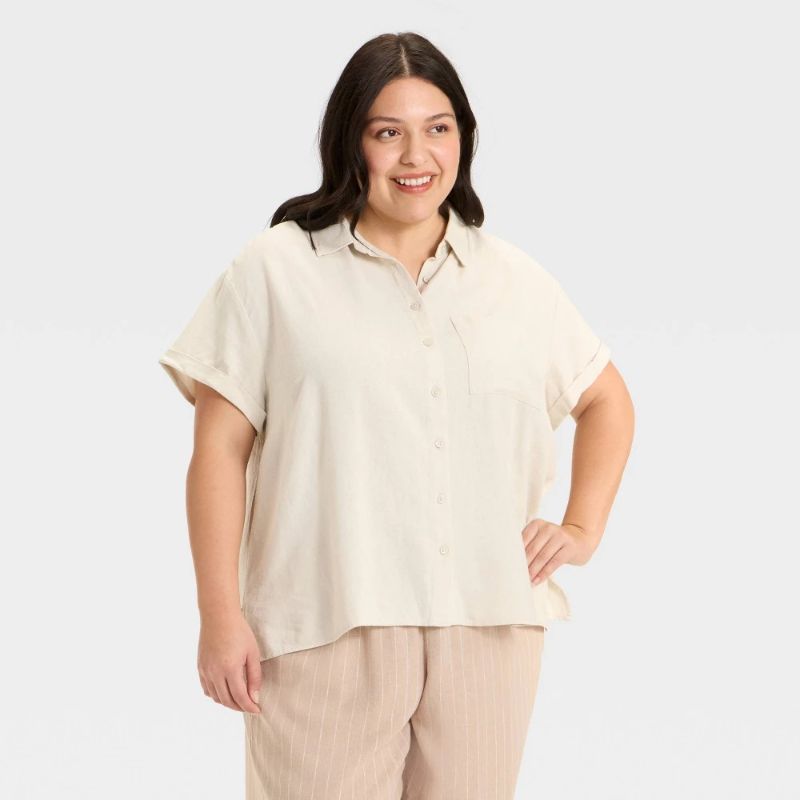 Photo 1 of 3X Women's Short Sleeve Button-Down Shirt - Ava & Viv Light Tan